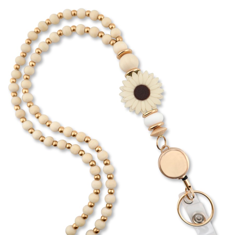 Daisy Bead Lanyard with ID Holder, Beige
