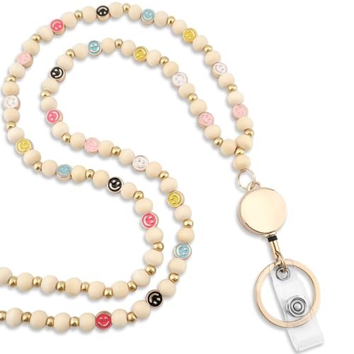 Smile Beaded Lanyard with Badge Reel, Wood
